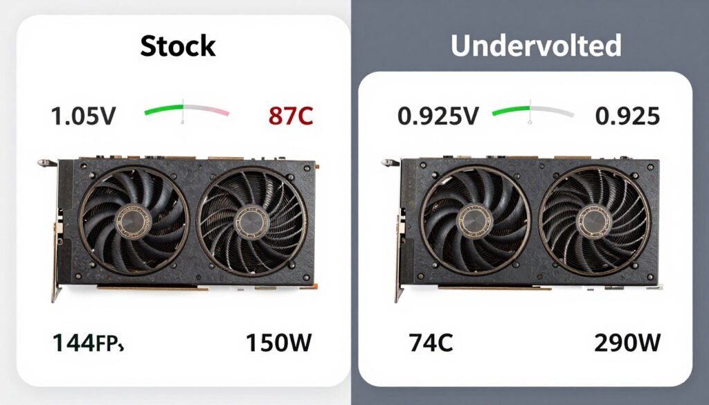 GPU voltage and temperature comparison showing stock settings versus optimized undervolt