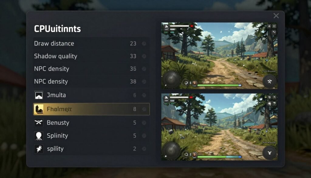 Game graphics settings menu highlighting CPU-intensive options affecting frame time