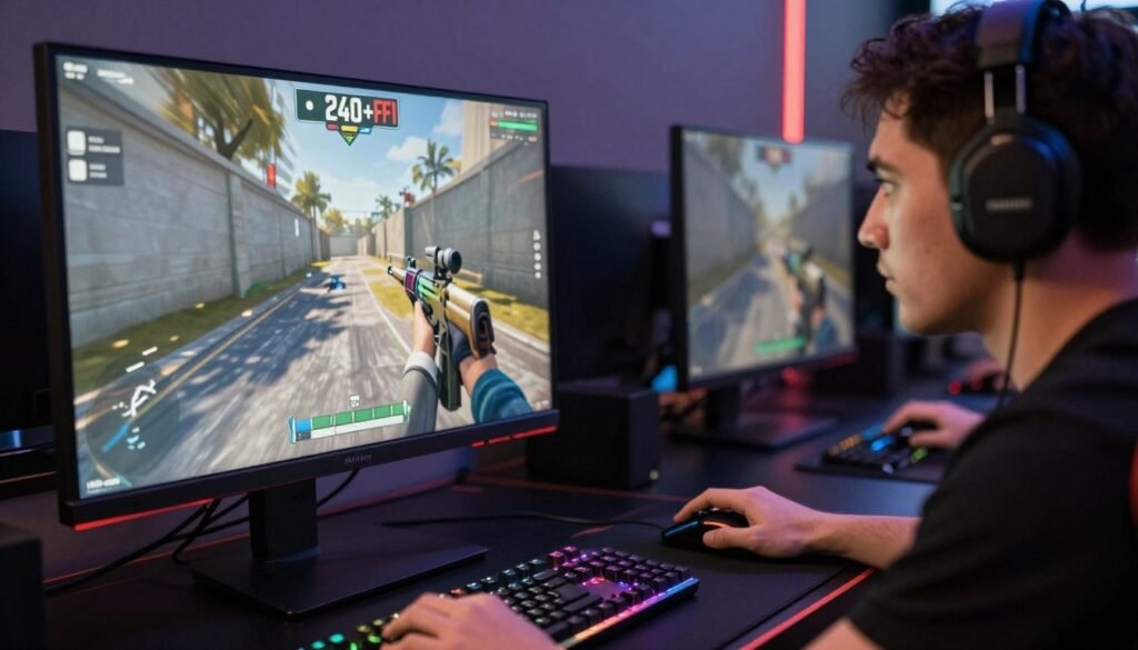 Gamer playing competitive FPS game with high frame rate display