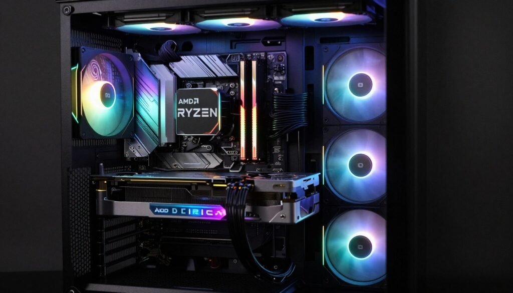 Gaming PC build showing AMD Ryzen processor installed with high-end graphics card
