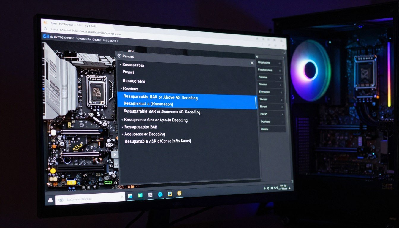 Gaming PC motherboard BIOS screen showing Resizable BAR setting enabled