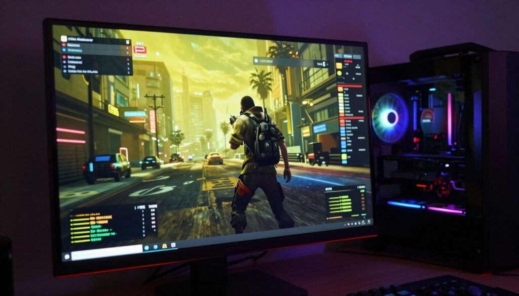 Gaming PC running Cyberpunk 2077 at 4K with performance monitoring overlay showing GPU memory usage