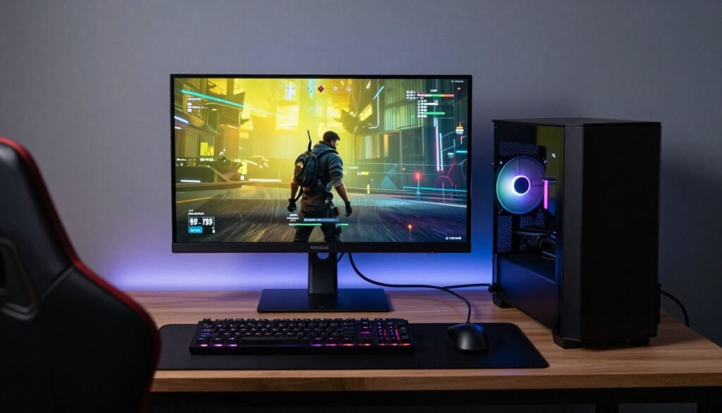 Gaming PC setup showing Cyberpunk 2077 running smoothly after optimization