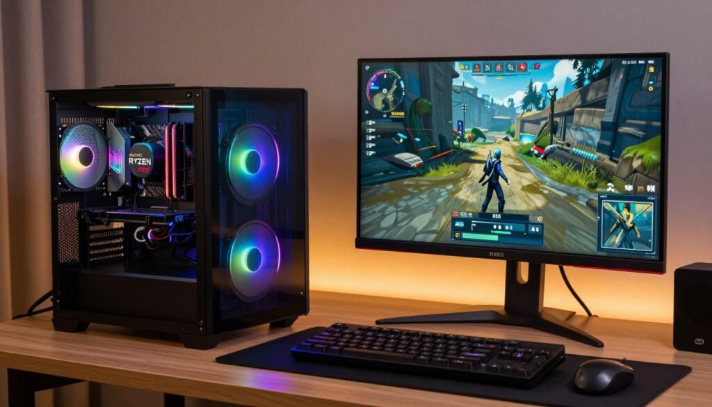 Gaming PC setup with AMD Ryzen processor showing high FPS counter on monitor