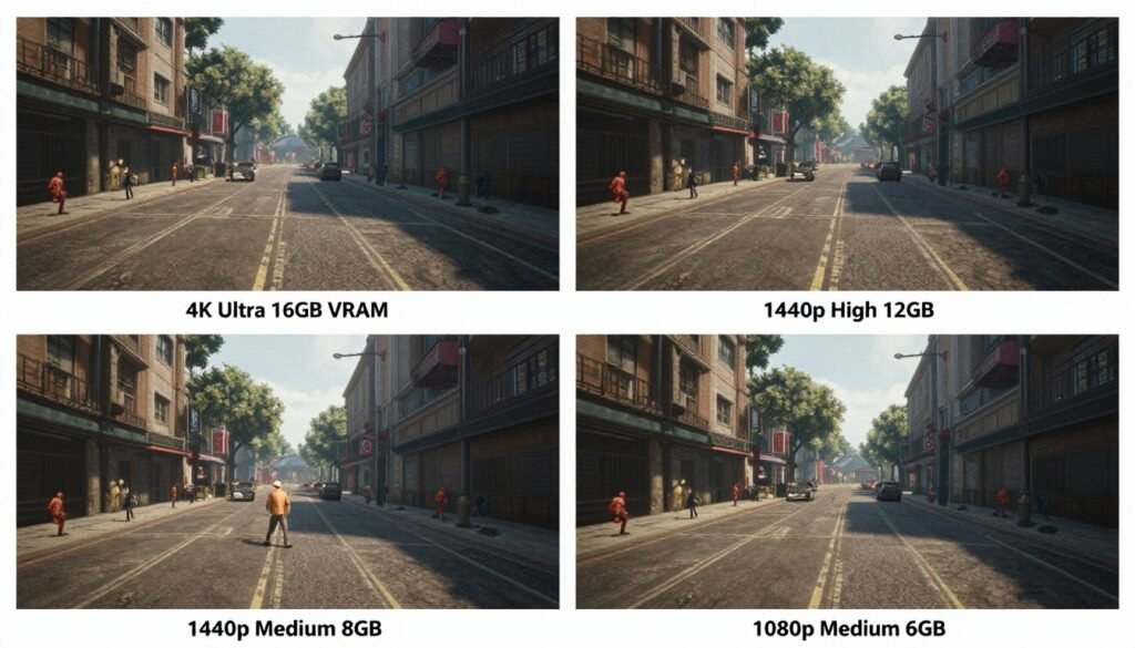 Gaming at different settings showing VRAM impact on visual quality Gaming at different settings showing VRAM impact on visual quality