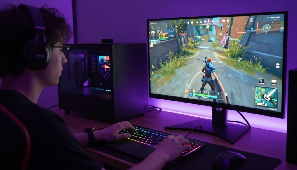 Gaming laptop open showing esports game running with external monitor connected