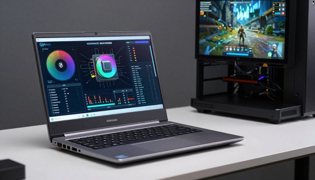 Gaming laptop with hardware monitoring overlay showing CPU temperatures and performance