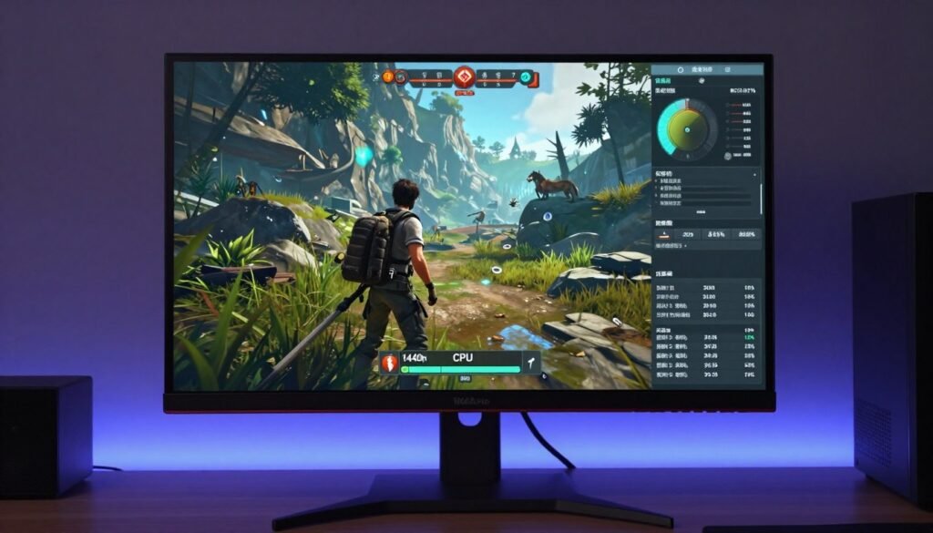 Gaming monitor displaying 1440p resolution gameplay with balanced performance metrics
