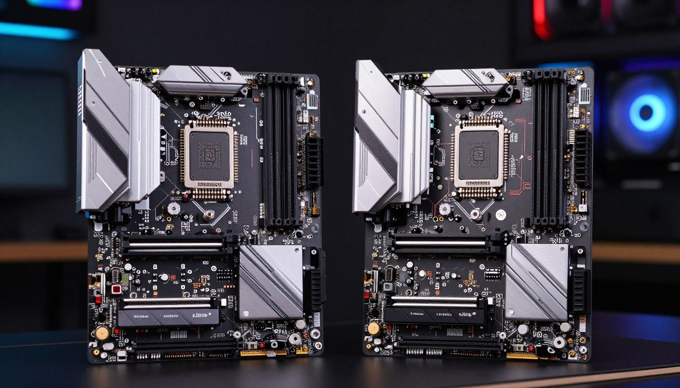 Gaming motherboard with chipset comparison between B-series and Z-series layouts showing PCIe lanes and memory controllers