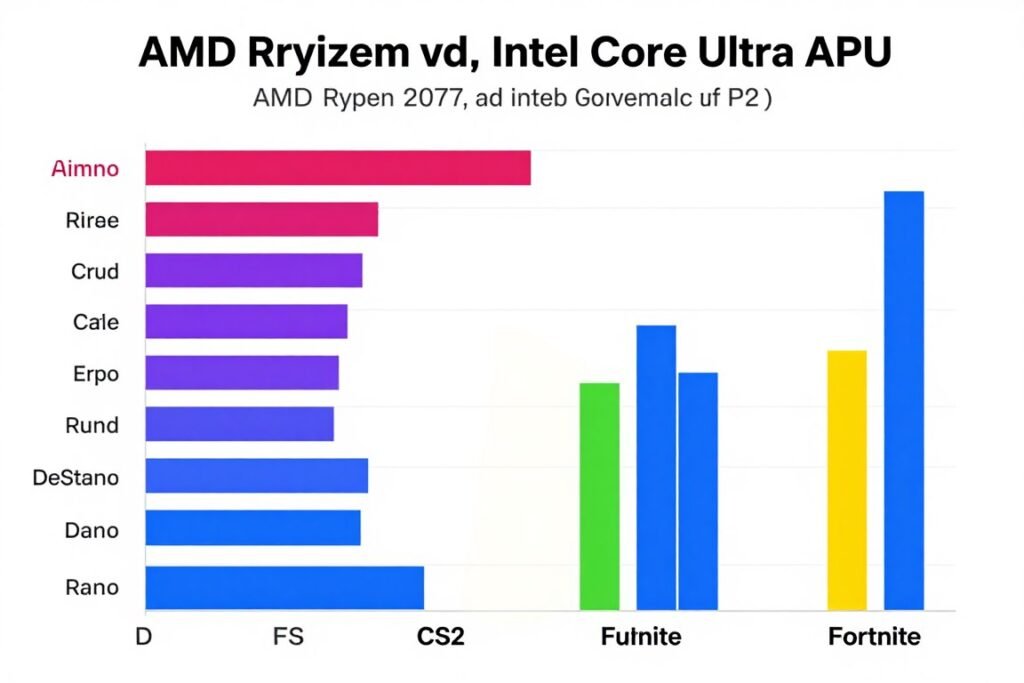 Gaming performance benchmark comparison chart for AMD and Intel APUs across popular games
