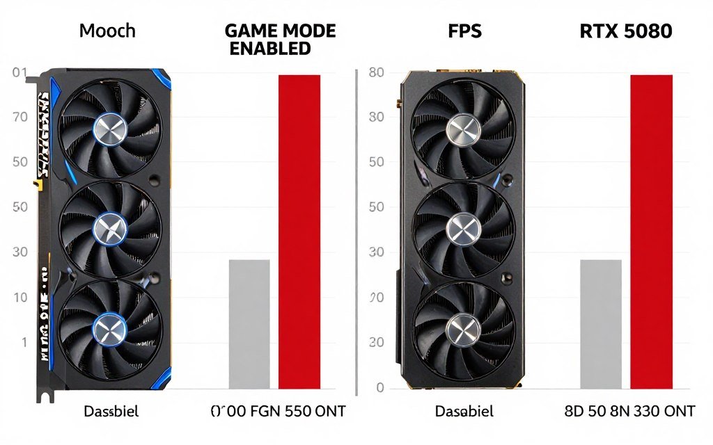 Gaming performance benchmark comparison showing Windows Game Mode on versus off with RTX 5080