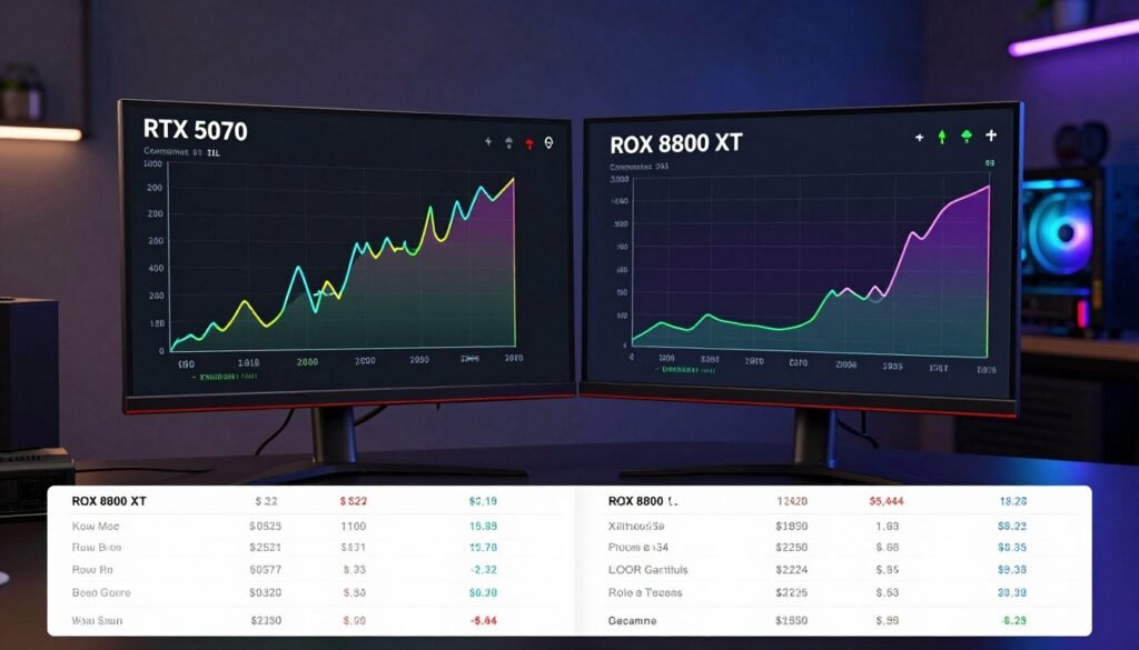 Gaming performance benchmarks showing RTX 5070 versus RX 8800 XT frame rates