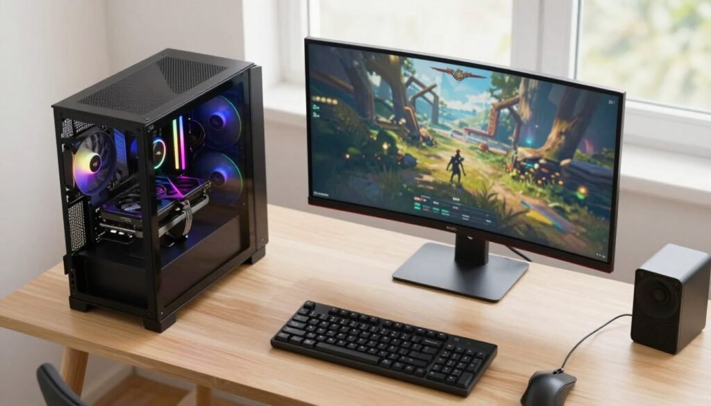 Gaming setup showing balanced PC system with appropriate VRAM for user needs Gaming setup showing balanced PC system with appropriate VRAM for user needs