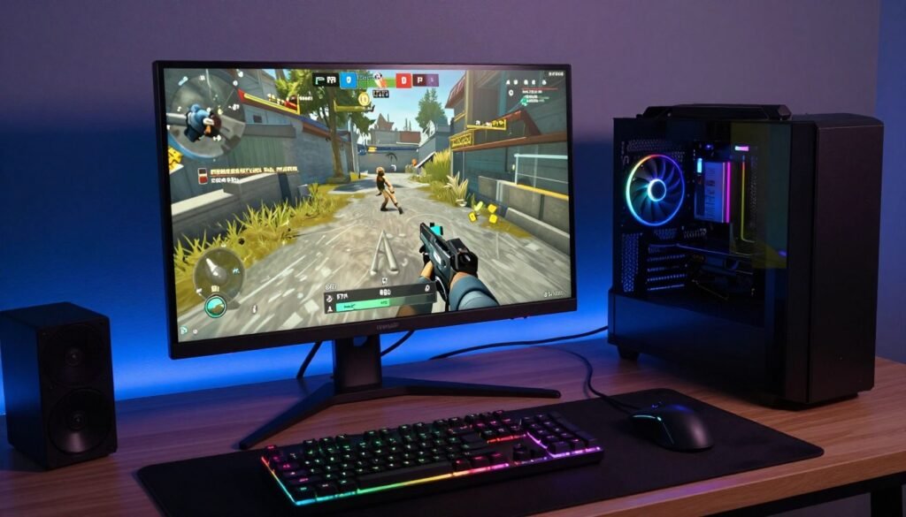 Gaming setup with monitor displaying FPS counter and RTX 5080 PC
