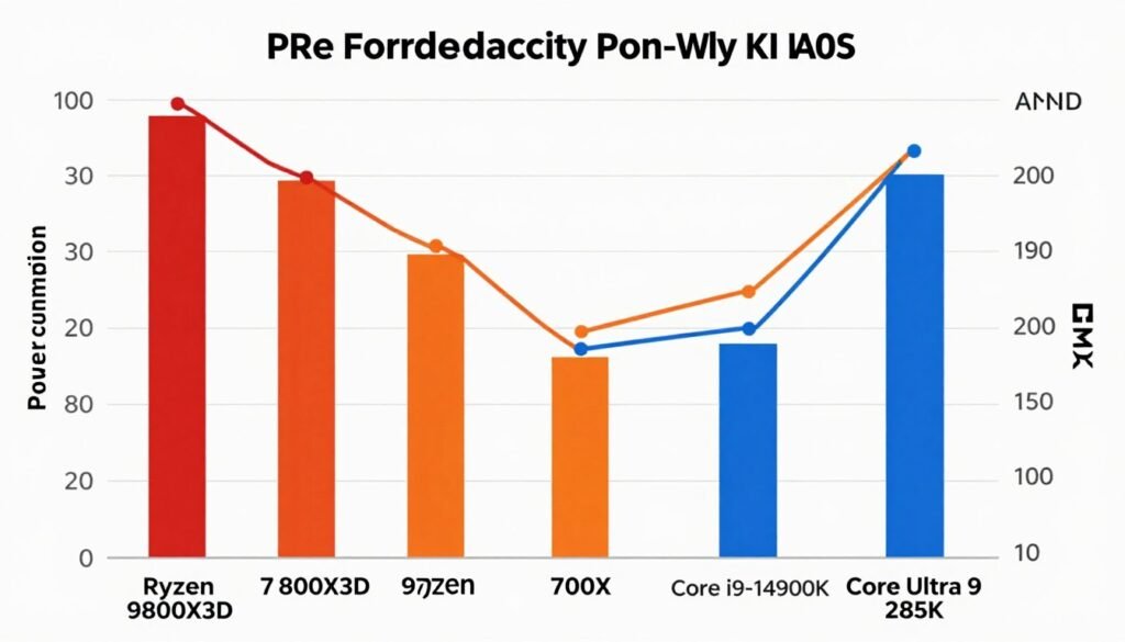 Graph comparing power consumption and performance-per-watt between Ryzen 9800X3D and competitors Graph comparing power consumption and performance-per-watt between Ryzen 9800X3D and competitors