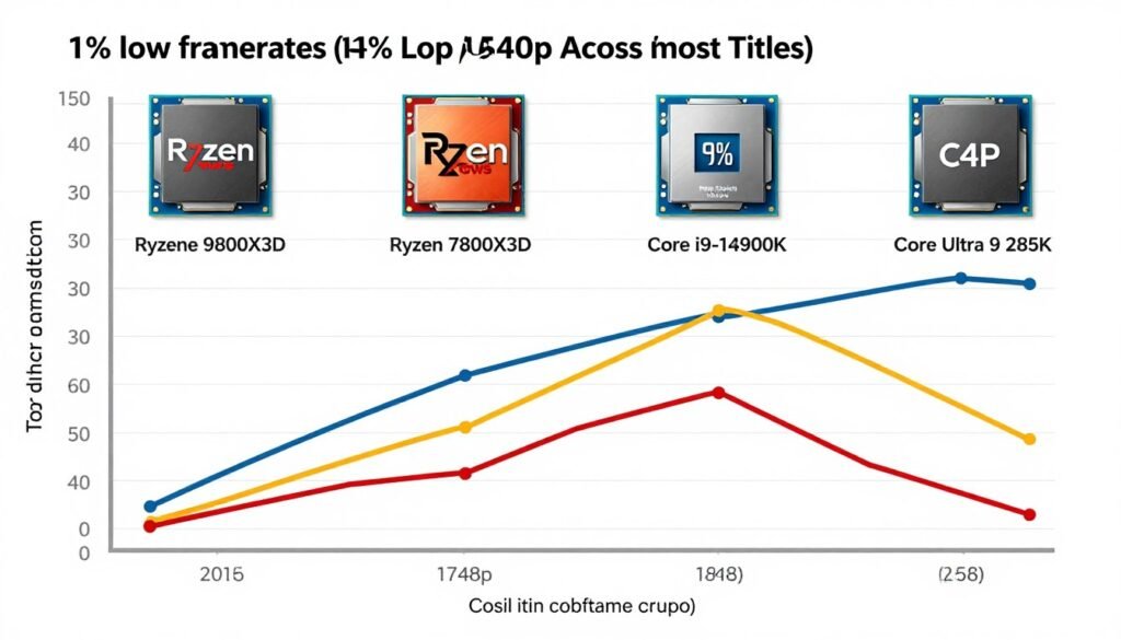 Graph showing 1% low framerates comparison between Ryzen 9800X3D and competitors Graph showing 1% low framerates comparison between Ryzen 9800X3D and competitors