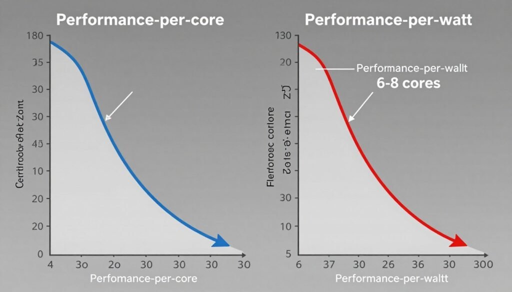 Graph showing CPU efficiency declining as core count increases beyond optimal point