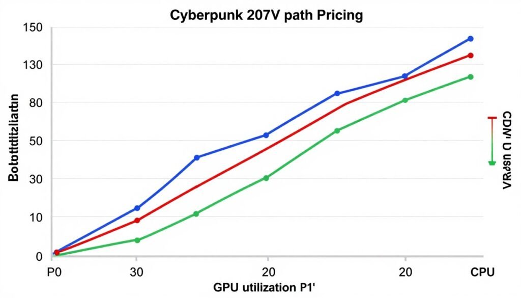 Graph showing different bottleneck types in Cyberpunk 2077 path tracing with CPU, GPU, and VRAM utilization