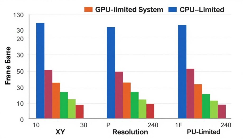 Graph showing frame rate performance across 1080p, 1440p, and 4K resolutions with different bottleneck scenarios