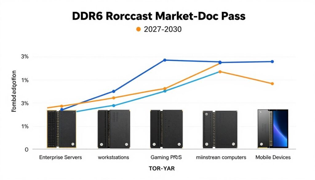 Graph showing projected DDR6 RAM market adoption rates across different computing segments from 2027-2030