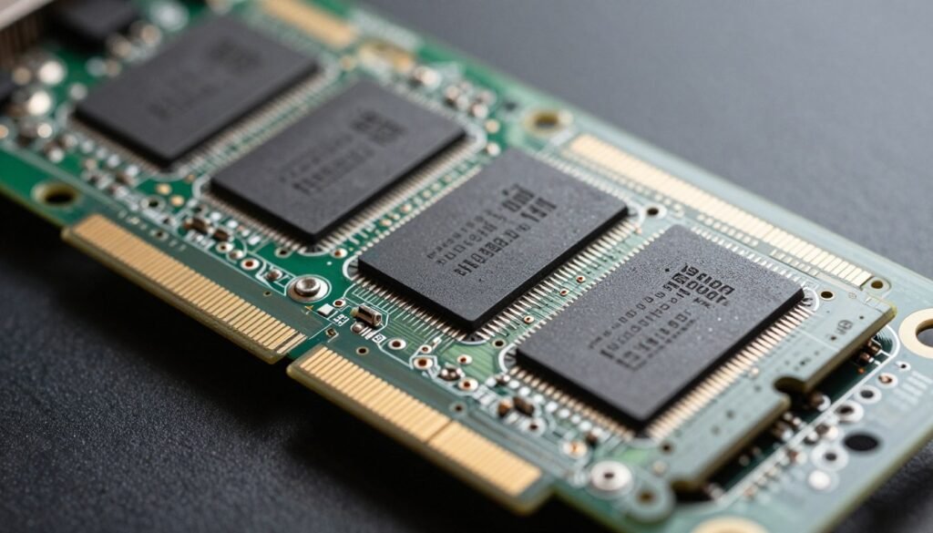 Graphics card PCB showing soldered VRAM chips