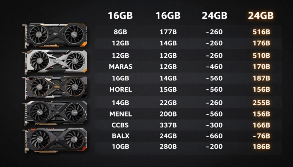 Graphics card comparison chart showing VRAM capacity