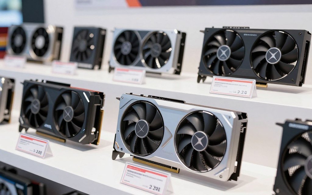 Graphics cards displayed showing price tags and specifications