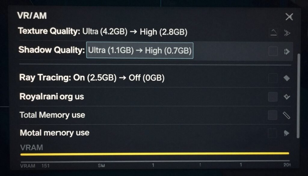Graphics settings menu showing VRAM impact of different options Graphics settings menu showing VRAM impact of different options