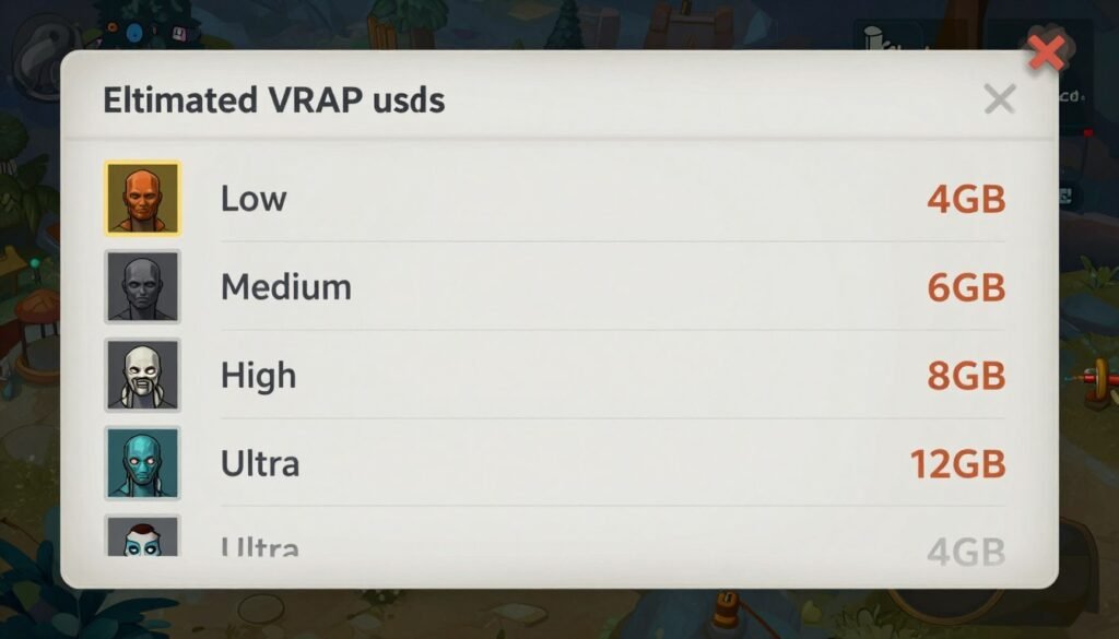 Graphics settings showing VRAM usage estimates for different quality levels