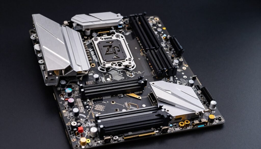 High-end Z-series motherboard showing advanced power delivery, multiple M.2 slots, and premium cooling solutions for overclocking High-end Z-series motherboard showing advanced power delivery, multiple M.2 slots, and premium cooling solutions for overclocking