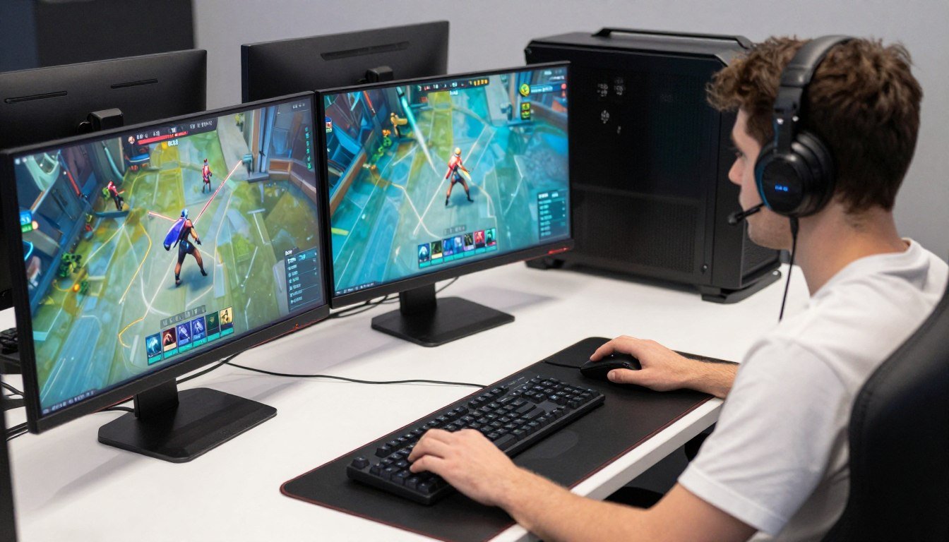 High-end gaming PC setup optimized for Valorant and CS2 500 FPS performance with multiple monitors