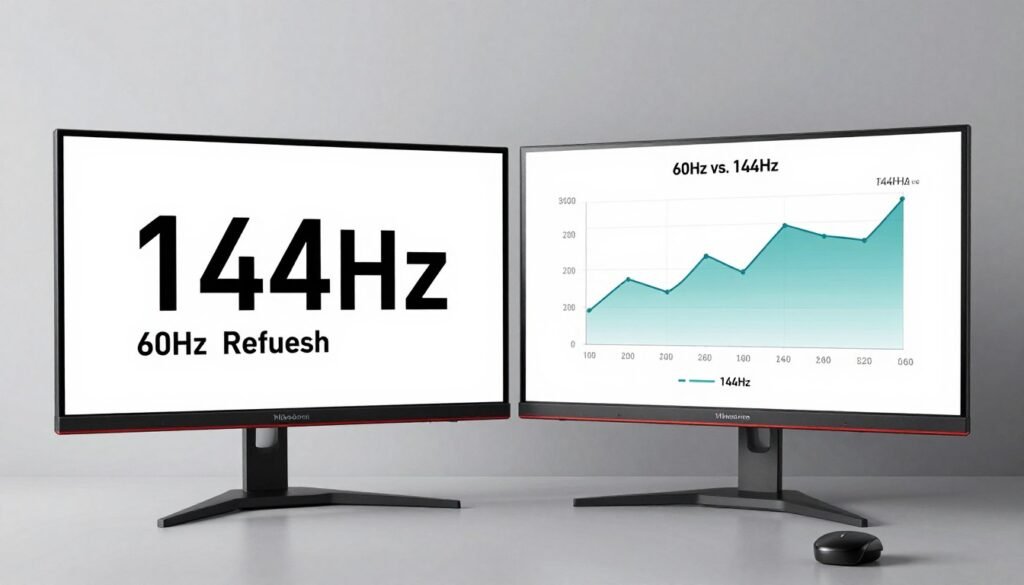 High refresh rate gaming monitor displaying 144Hz with frame time comparison overlay