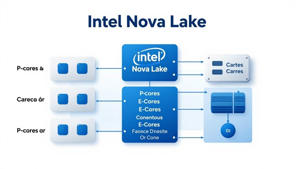 Intel Nova Lake CPU architecture diagram showing P-cores and E-cores layout Intel Nova Lake CPU architecture diagram showing P-cores and E-cores layout