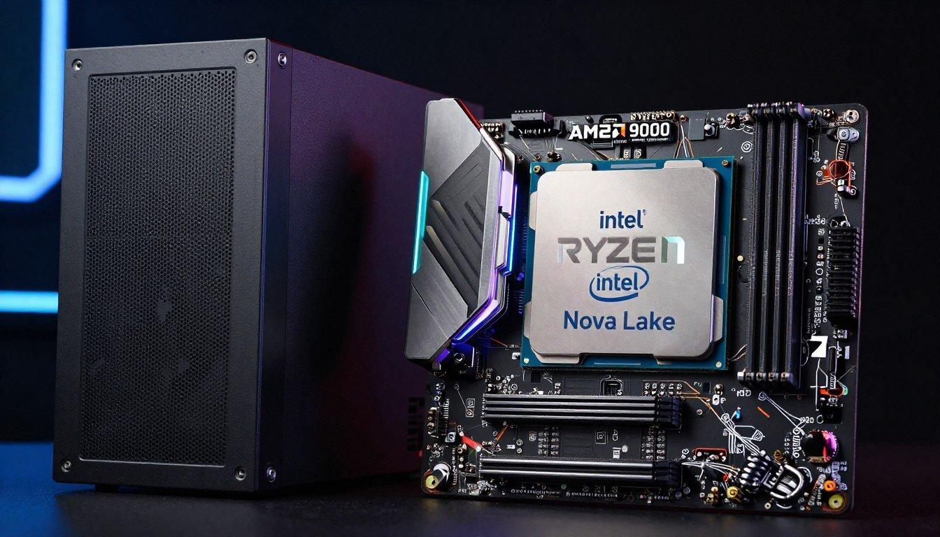 Intel Nova Lake processor next to AMD Ryzen 9000 CPU on motherboard