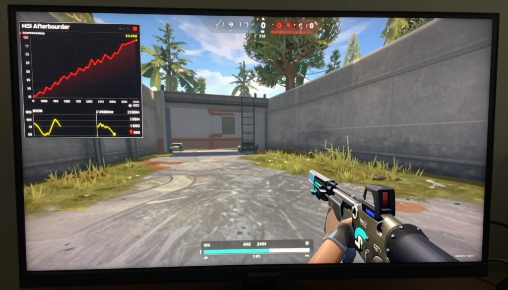 MSI Afterburner overlay showing GPU temperature climbing with corresponding clock speed decrease during gaming