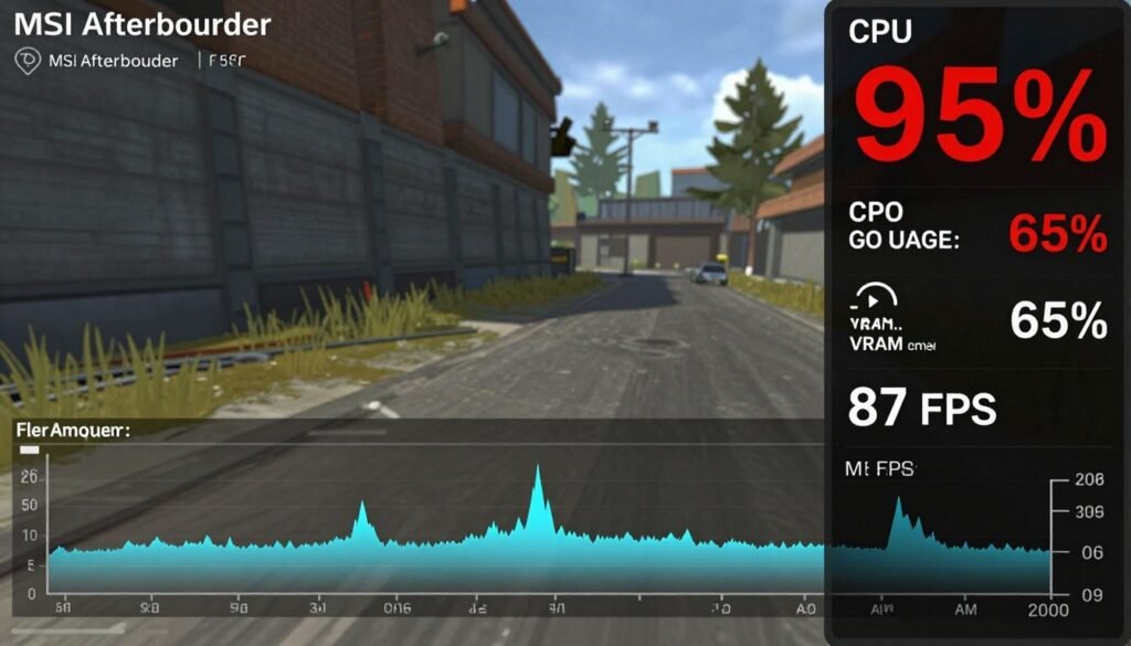 MSI Afterburner overlay showing detailed performance metrics during gaming session