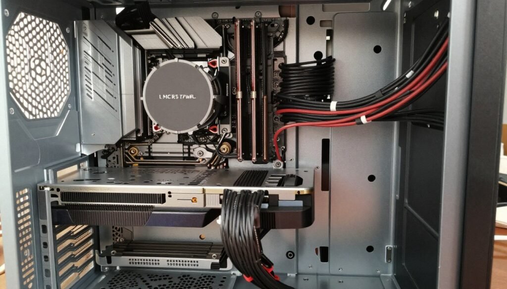 Messy PC build with cable clutter and poor component placement