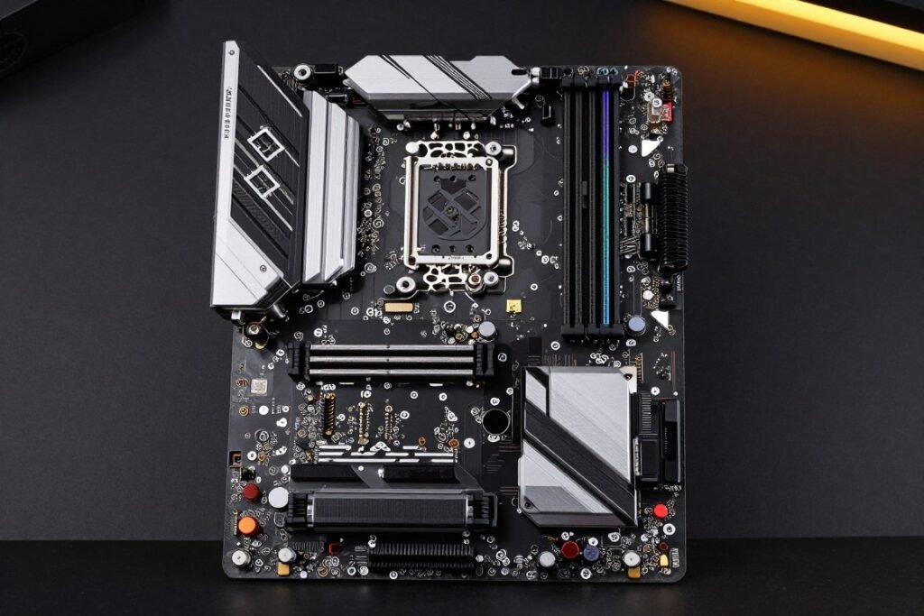 Modern ATX motherboard with RGB lighting and M.2 heatsinks