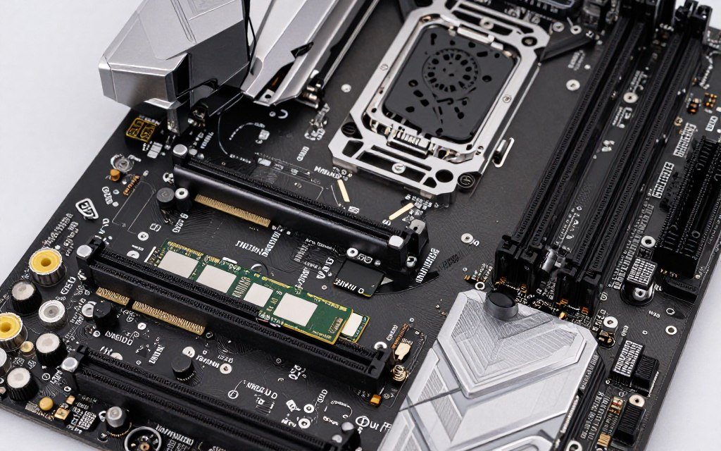 Modern gaming PC motherboard showing PCIe 5.0 slots and M.2 configuration