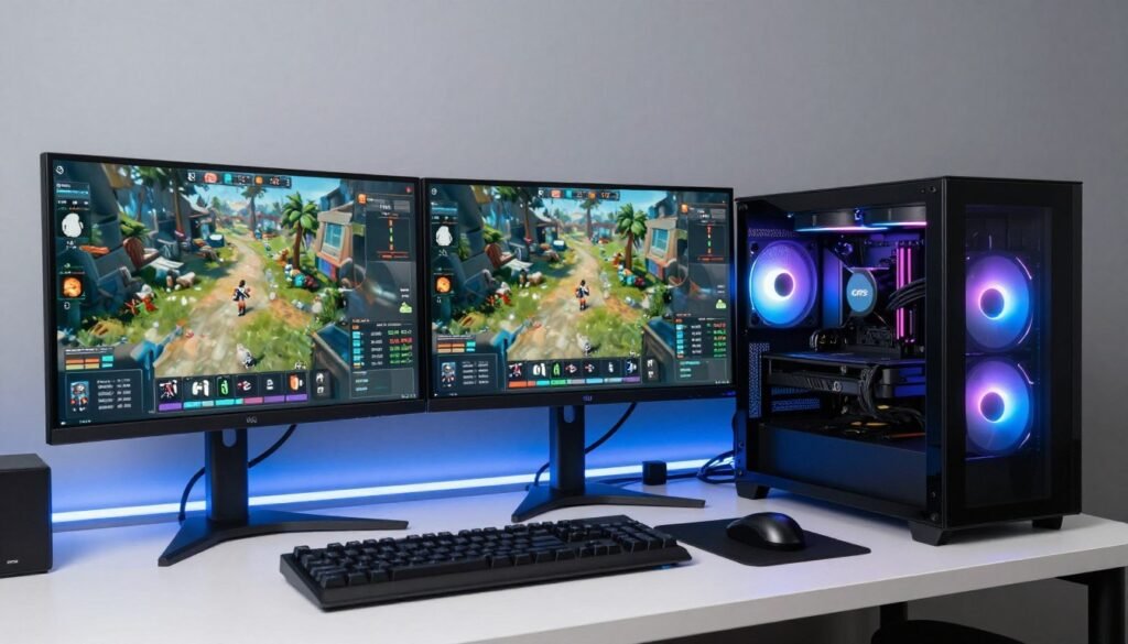 Modern gaming PC setup with performance monitoring showing optimized system