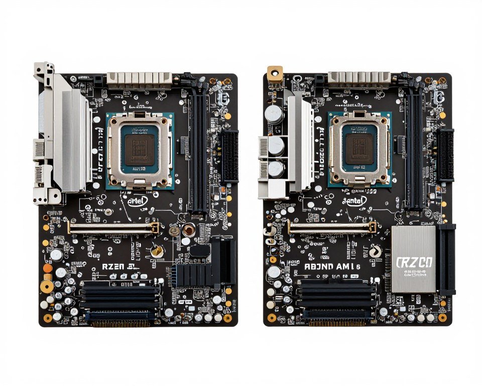 Motherboard comparison showing Intel LGA1700 socket and AMD AM5 socket with compatible CPU installed
