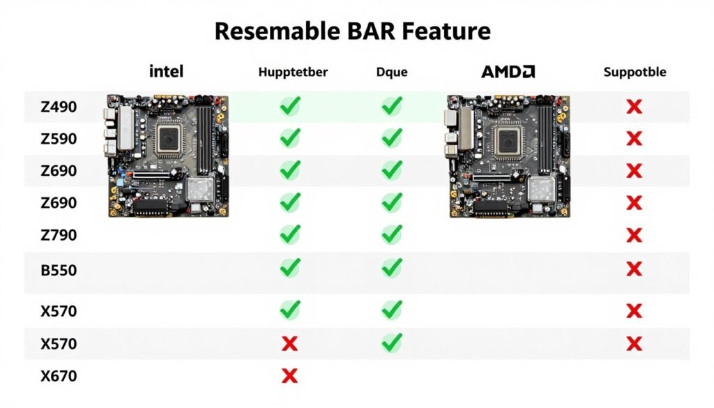 Motherboard compatibility list showing Resizable BAR support across different chipsets
