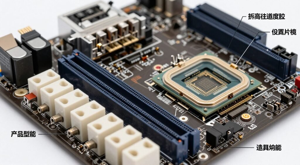 Motherboard with PCIe slots and power connectors highlighted