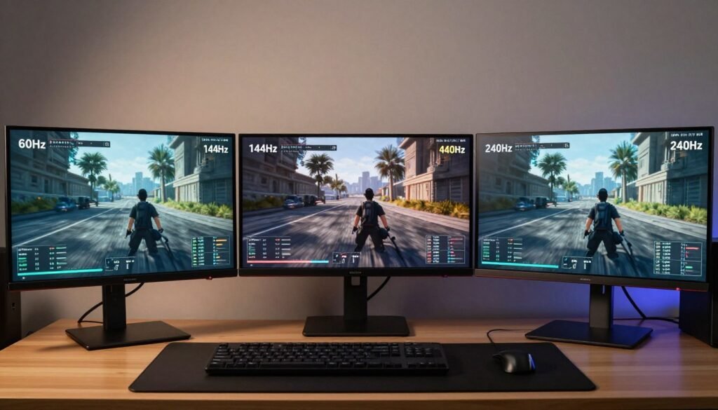 Multiple gaming monitors showing different refresh rates side by side