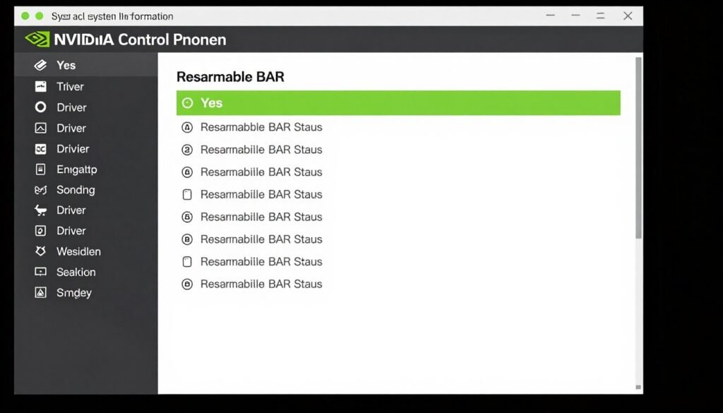 NVIDIA Control Panel showing Resizable BAR status verification