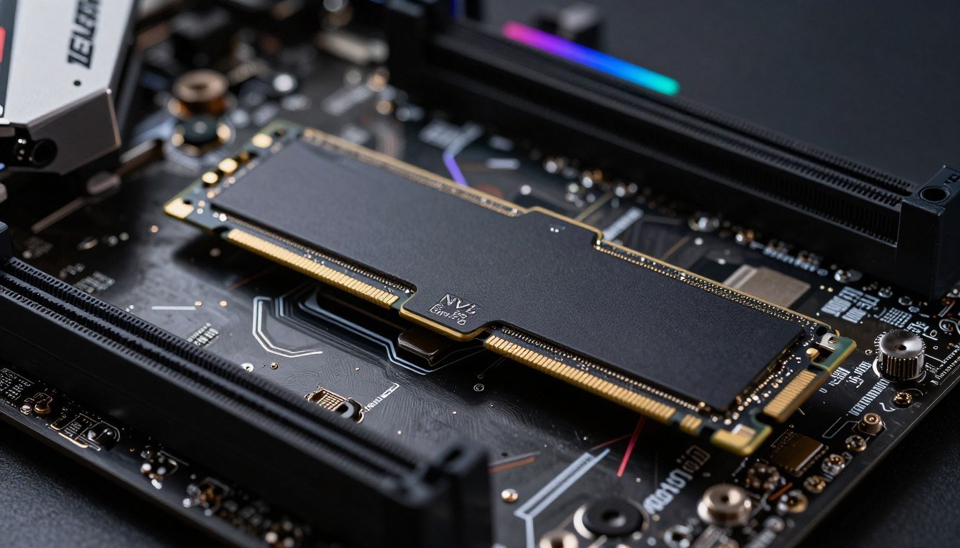 NVMe Gen 6 SSD installed in modern gaming motherboard with RGB lighting