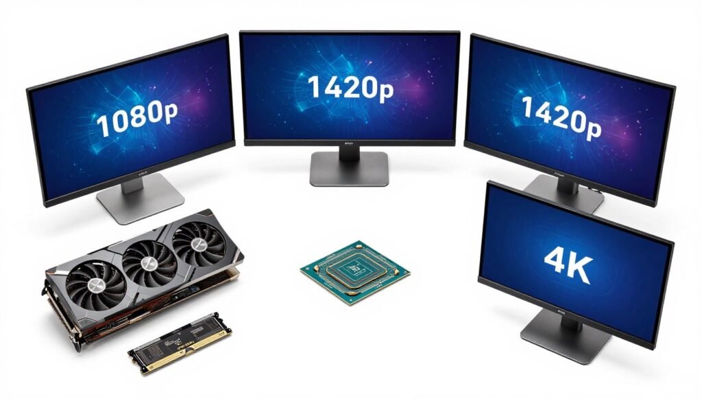 PC components laid out showing GPU, CPU, RAM for resolution matching