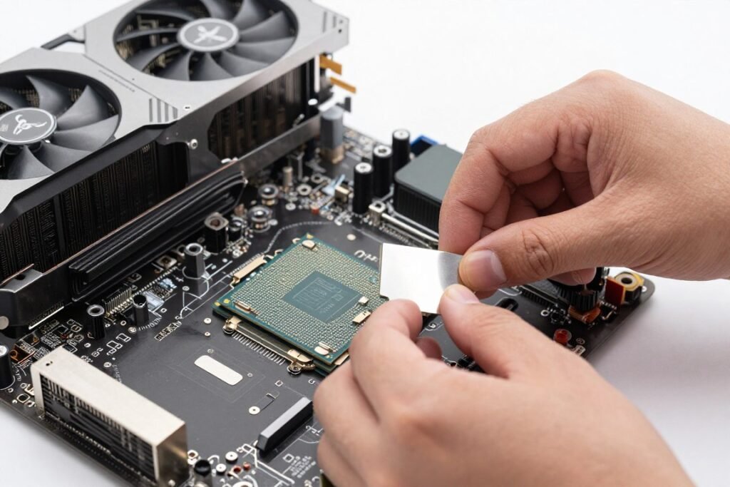 PC hardware upgrade showing CPU and GPU components being installed
