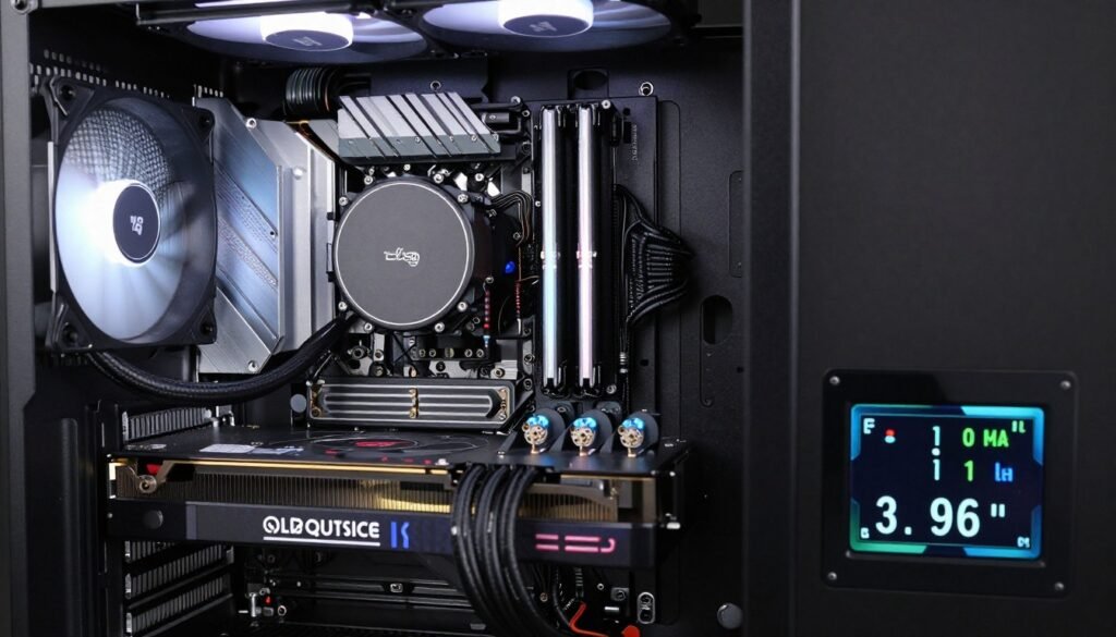 PC tower with side panel removed showing large CPU cooler installation with temperature monitoring overlay