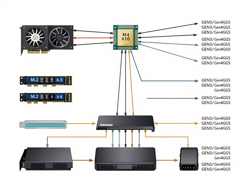 PCIe lane allocation diagram showing bandwidth distribution between GPU, storage, and peripherals on different motherboard chipsets PCIe lane allocation diagram showing bandwidth distribution between GPU, storage, and peripherals on different motherboard chipsets